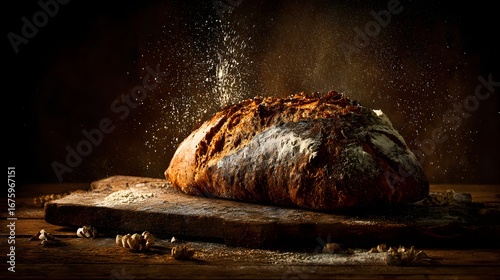 A rustic loaf of artisan bread rests on a weathered wooden board, dusted with flour and surrounded by scattered grains.