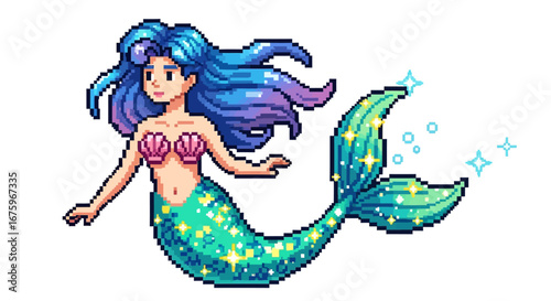 Beautiful pixel art mermaid with sparkling blue hair and a shimmering green tail, a fantasy sea creature character design on a white background