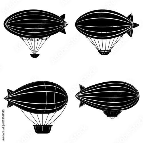 Illustration of four black and white zeppelin airships with gondolas and visible frame structure design elements