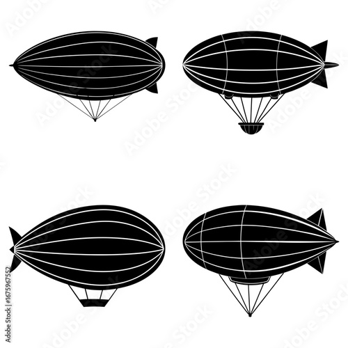 Four black and white airships with gondolas in varying designs floating in the sky on a white background