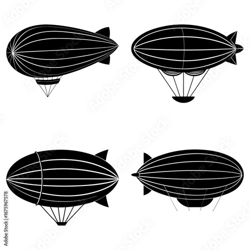 Four black and white vintage airships in different orientations on a white background display a classic design