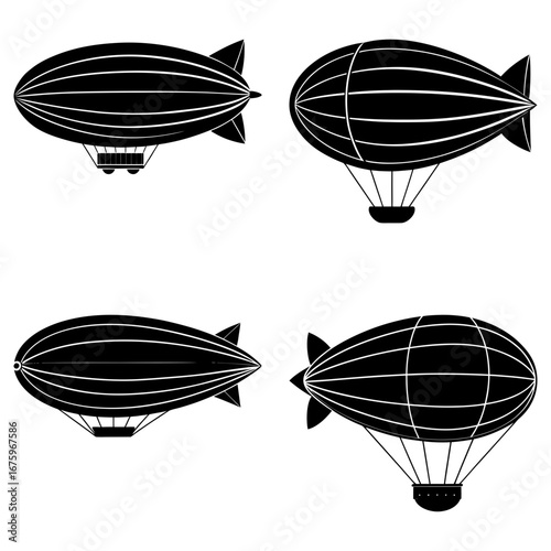 Four black and white blimps with gondolas and tail fins floating in the air on a white background