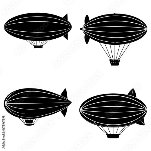Four black and white silhouette illustrations of vintage airships with gondolas in various orientations