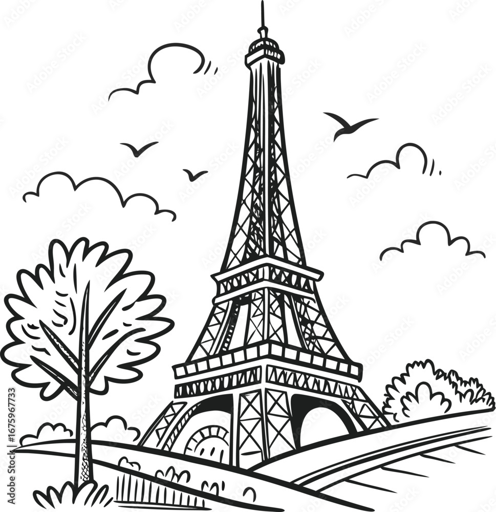 Fototapeta premium Cartoon doodle Parisian icon, black and white sketch style vector illustration for T-shirt design, web, mobile apps and UI