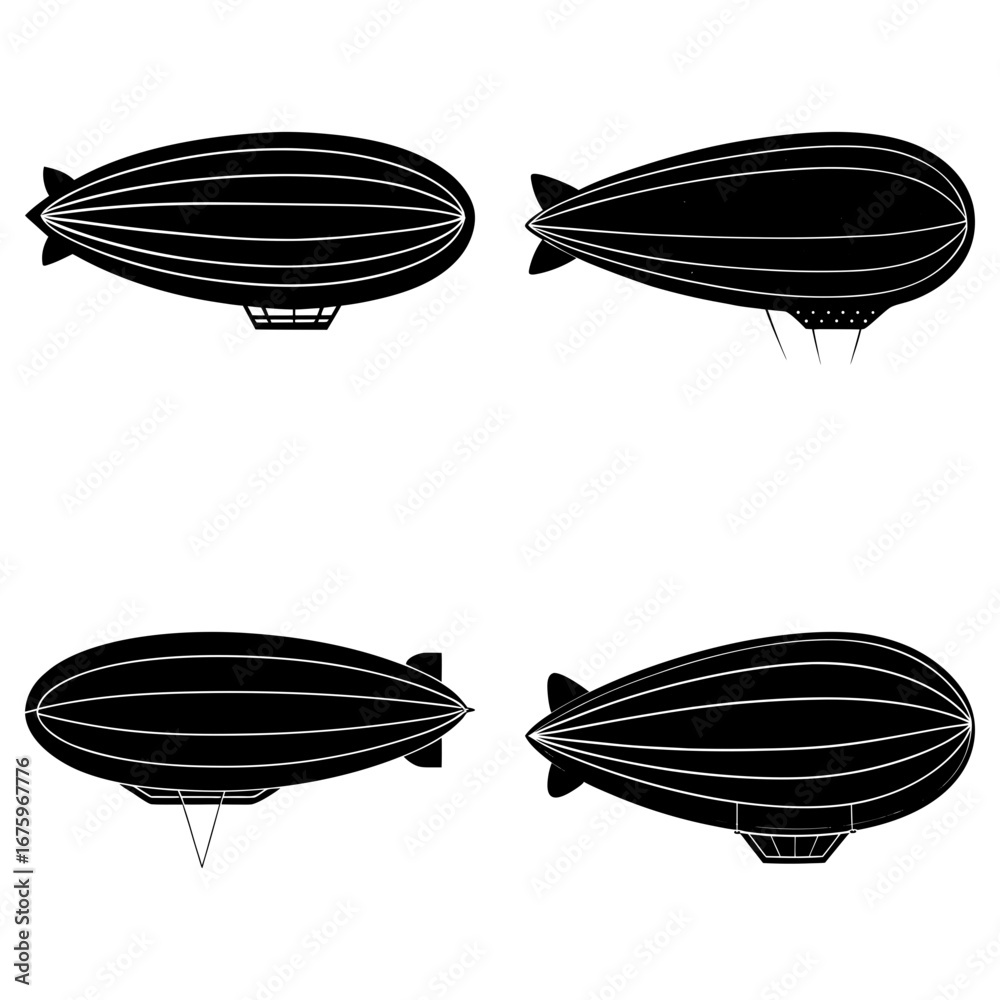 Obraz premium Four black and white illustrations of airships or zeppelins in various orientations and perspectives