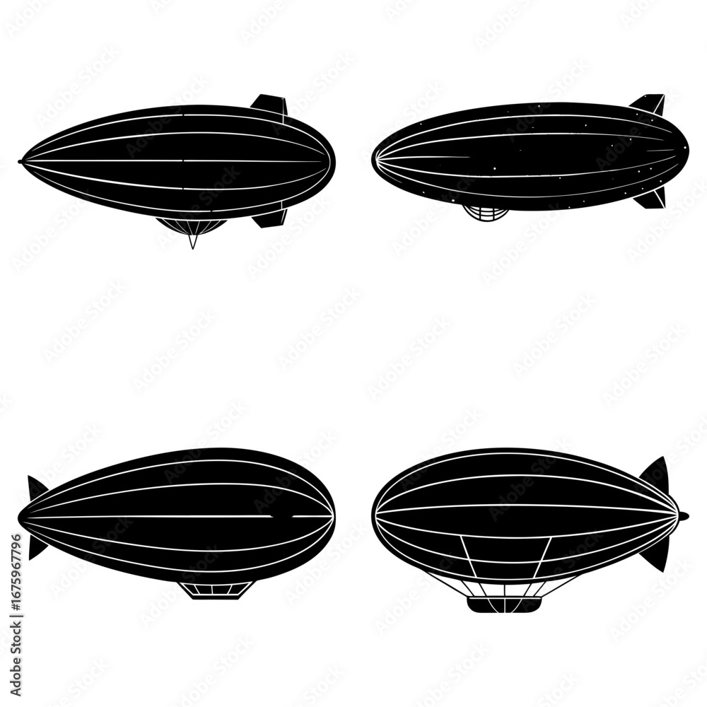 Fototapeta premium Four vintage airships in black silhouette against a white background in a symmetrical arrangement