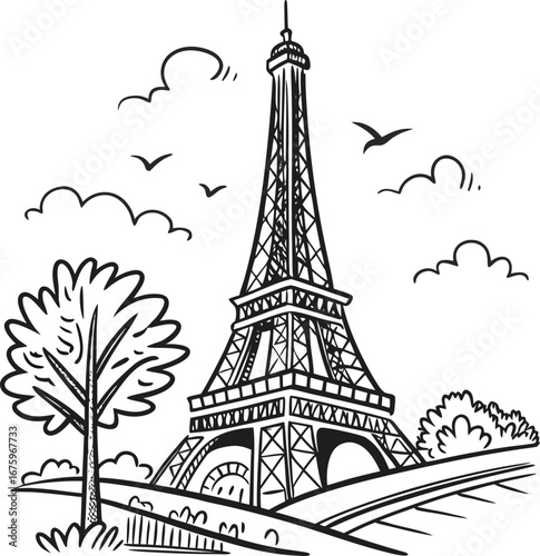 Cartoon doodle Parisian icon, black and white sketch style vector illustration for T-shirt design, web, mobile apps and UI