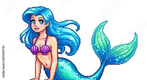 Beautiful pixel art mermaid with sparkling blue hair and a shimmering green tail, a fantasy sea creature character design on a white background