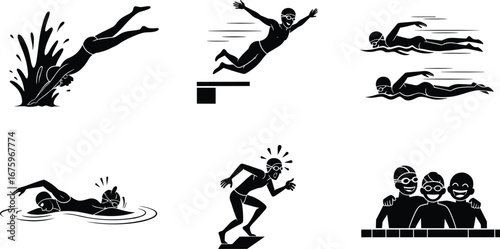 Black and white swimming silhouettes, divers, swimmers, freestyle stroke, starting block, competition, goggles, water splash, sports action, aquatic event, vector art