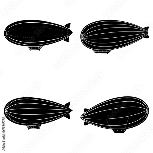 Four black and white zeppelin illustrations in various orientations on a white background showing detail