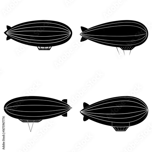 Four black and white illustrations of airships or zeppelins in various orientations and perspectives