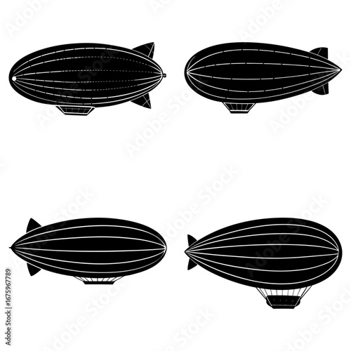 Four black and white airships or zeppelins in different orientations and perspectives on a white background