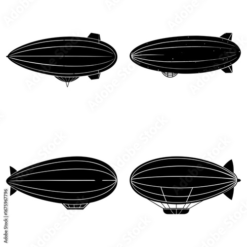 Four vintage airships in black silhouette against a white background in a symmetrical arrangement