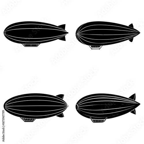 Four vintage airships in black silhouette on a white background in a symmetrical arrangement