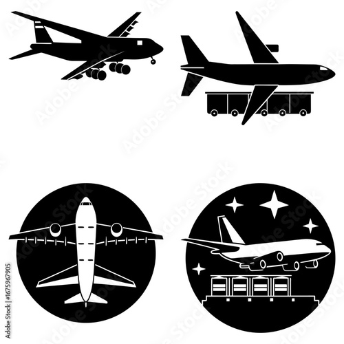 Illustrations featuring various airplane designs in black and white including cargo and aerial views shown
