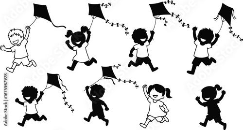 Children flying kites, happy kids playing, outdoor activity, summer fun, carefree childhood, joyful playtime, family outing, friendship, childhood memories