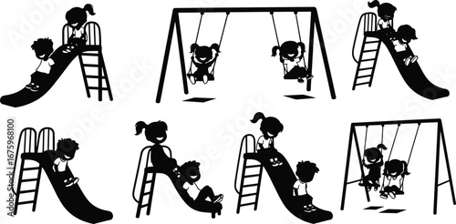 Children playing on playground equipment, kids on swings and slides, outdoor fun, childhood activity, park recreation, happy active lifestyle, silhouettes