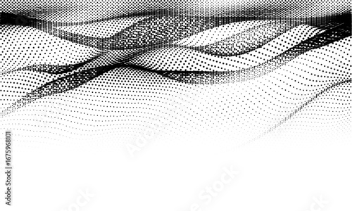 Abstract gradient dynamic wave of particles. Network of bright points or dots. Big data. Digital background. Vector dissolve halftone background