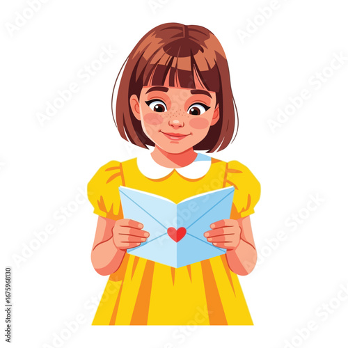 Letter of Affection: A young girl, radiates warmth and happiness as she tenderly reads a love letter adorned with a heart, a symbol of heartfelt emotion and connection.