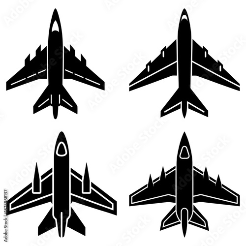 Four black and white fighter jet silhouettes arranged in a square formation on a white background plane view