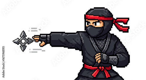 Dynamic pixel art illustration of a ninja in a black gi and red headband, expertly throwing a shuriken. This retro graphic captures classic martial arts action and vintage gaming aesthetics