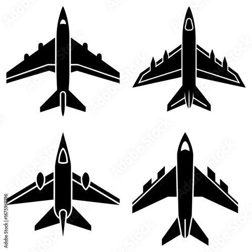 Four different airplane designs displayed in black silhouette on a white background showing various wing styles