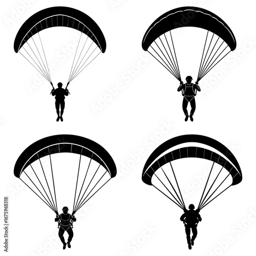 Four silhouettes of paragliders with open parachutes suspended in the air on a white background
