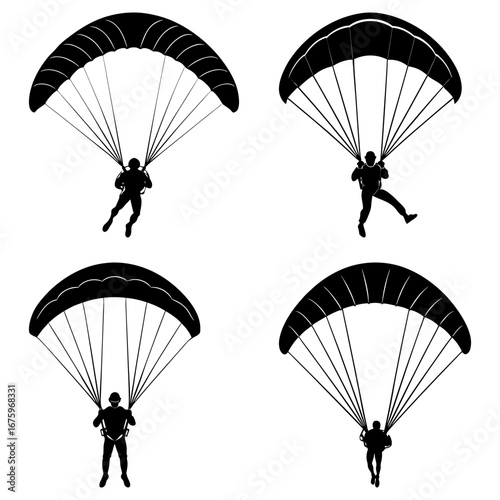 Silhouetted skydivers with parachutes in various poses against a white background illustration art