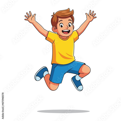 Joyful Leap: A cheerful young boy joyfully leaps into the air, embodying pure, innocent delight and the limitless energy of youth.