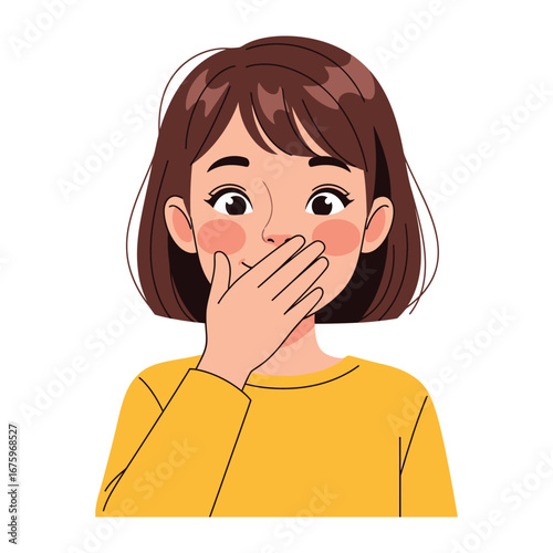 Shy Woman: A sweet woman with a shy expression and covered mouth exudes delicate innocence, expressing a range of emotions, from nervousness to gentle laughter.