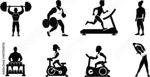 Fitness silhouettes, gym workout icons, weightlifting, cardio, treadmill, cycling, stretching, bodybuilding, exercise equipment, active lifestyle, strength training, healthy living