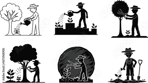 Gardening silhouettes, people watering plants, pruning trees, planting, garden care, outdoor activity, horticulture, nature, agriculture, eco lifestyle, plant maintenance