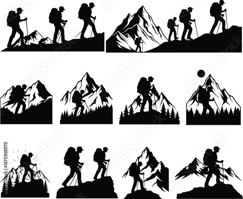 Vector silhouette illustration of hikers climbing mountains with scenic nature backgrounds perfect for outdoor adventure, camping, trekking and travel themes.