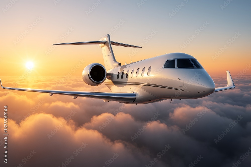 Obraz premium Luxury private jet flying above clouds during golden sunset light, symbolizing freedom, travel, and modern aviation concept in dreamy sky background. Ai generative