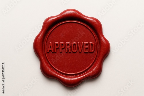 Seal of Approval: A close-up shot of a vibrant red wax seal stamped with the word APPROVED, symbolizing authentication and official confirmation.
