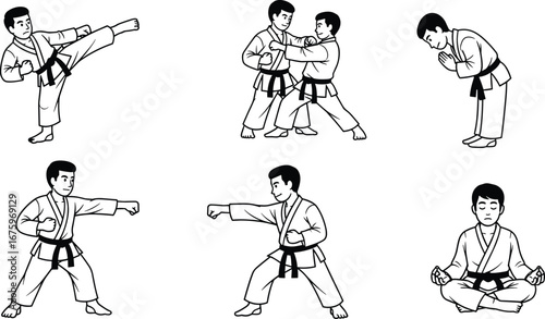 Karate martial arts training, black belt fighters, martial arts poses, self-defense techniques, bowing respect, sparring, meditation, discipline, karate gi, combat practice