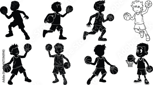 Kids playing basketball, children dribbling ball, basketball game, youth sports, active kids, team play, basketball practice, outdoor activity