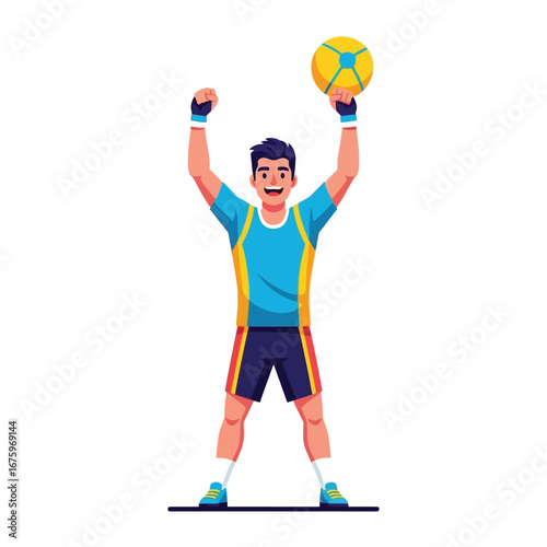 Soccer Victor: Dynamic vector art captures the joyous moment of a triumphant soccer player celebrating with the ball held high, embodying the thrill of victory in a modern flat design.