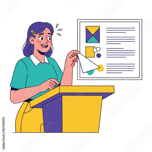 Nervous Speech: A nervous speaker stands at a podium, delivering a presentation. She is holding a paper, her expression shows she is uncomfortable 