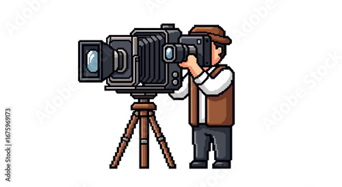 Retro Photographer Pixel Art Portrait with Vintage Camera