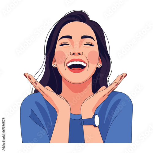 Joyful Radiance: Illustration of a delighted woman, expressing her happiness and vivacity with open arms and a big, genuine smile.