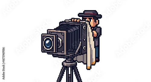 Retro Photographer Pixel Art Portrait with Vintage Camera