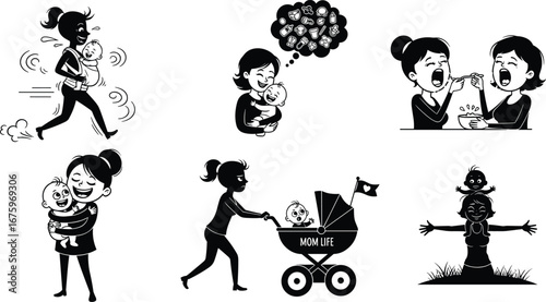 Mom life illustrations, baby care, happy mom, crying baby, feeding time, stroller walk, mother and child, parenting, motherhood, family love