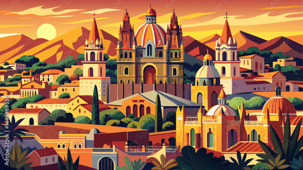 Obraz premium San Miguel de Allende, Mexico Ornate churches glow in warm hues, baroque facades line cobbled streets, and artistic energy thrives within a preserved colonial town steeped in elegance, color, and harm