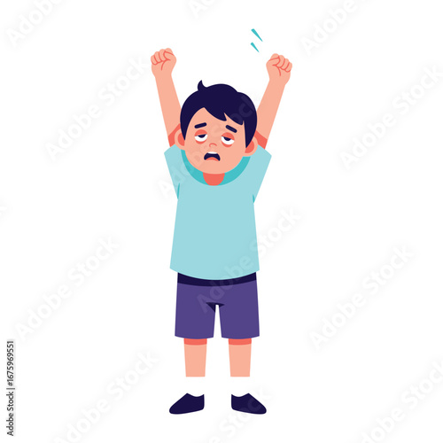 Exhaustion and Morning Stretch: An illustrated young boy, exhibiting exhaustion and fatigue, raises his arms in a moment of morning stretching to combat sleepiness.
