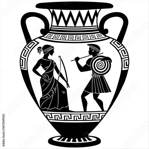 Ancient Greece scene. Antic vase with silhouettes of mythology characters and gods, Vector legendary Greek people mythological pattern old culture with woman and man in toga with lyre and amphora