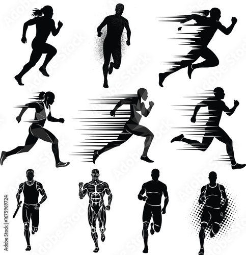 Vector silhouettes of male and female athletes sprinting in motion, dynamic running poses for sports, fitness, and speed training illustrations
