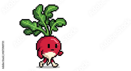 Pixel art walking radish character. An adorable anthropomorphic vegetable monster sprite for an 8-bit or 16-bit retro video game animation