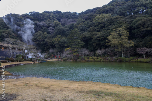 Umi Jigoku blue water hot spring. One of the eight hot springs is landmark in touris location at Beppu, Oita, Japan.