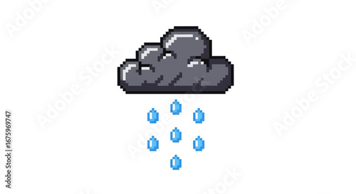 Pixel art icon of a dark, gloomy cloud with falling raindrops. Retro 8-bit video game weather symbol representing rain and sadness